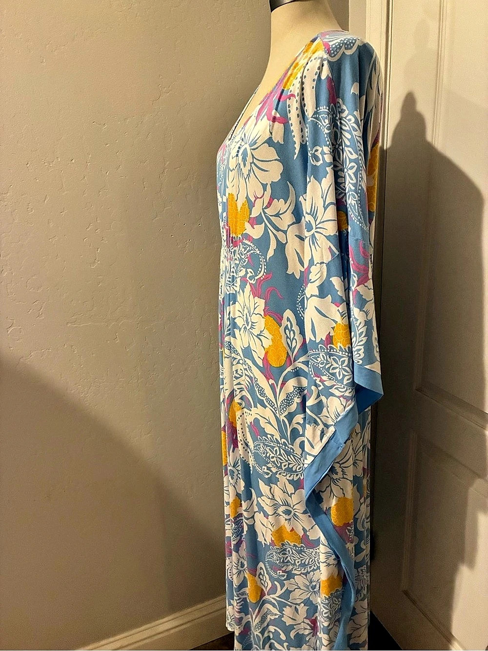 ELLEN TRACY Aqua Patchwork Long Caftan Floral Maxi Dress Blue 3X - Picture 3 of 5